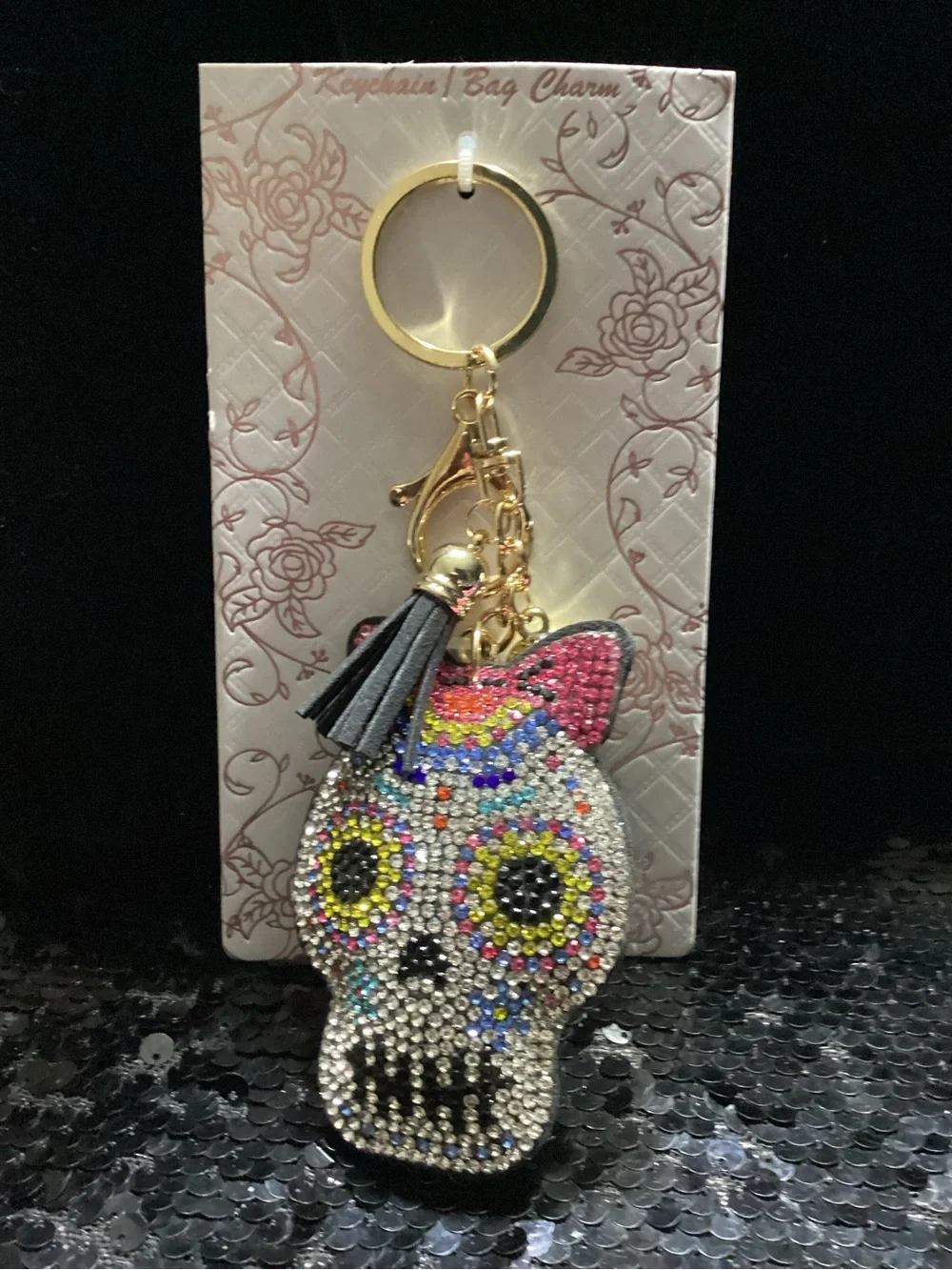 Sparkling Multicolor Sugar Skull Keychain Bag Charm - Gold Hardware
